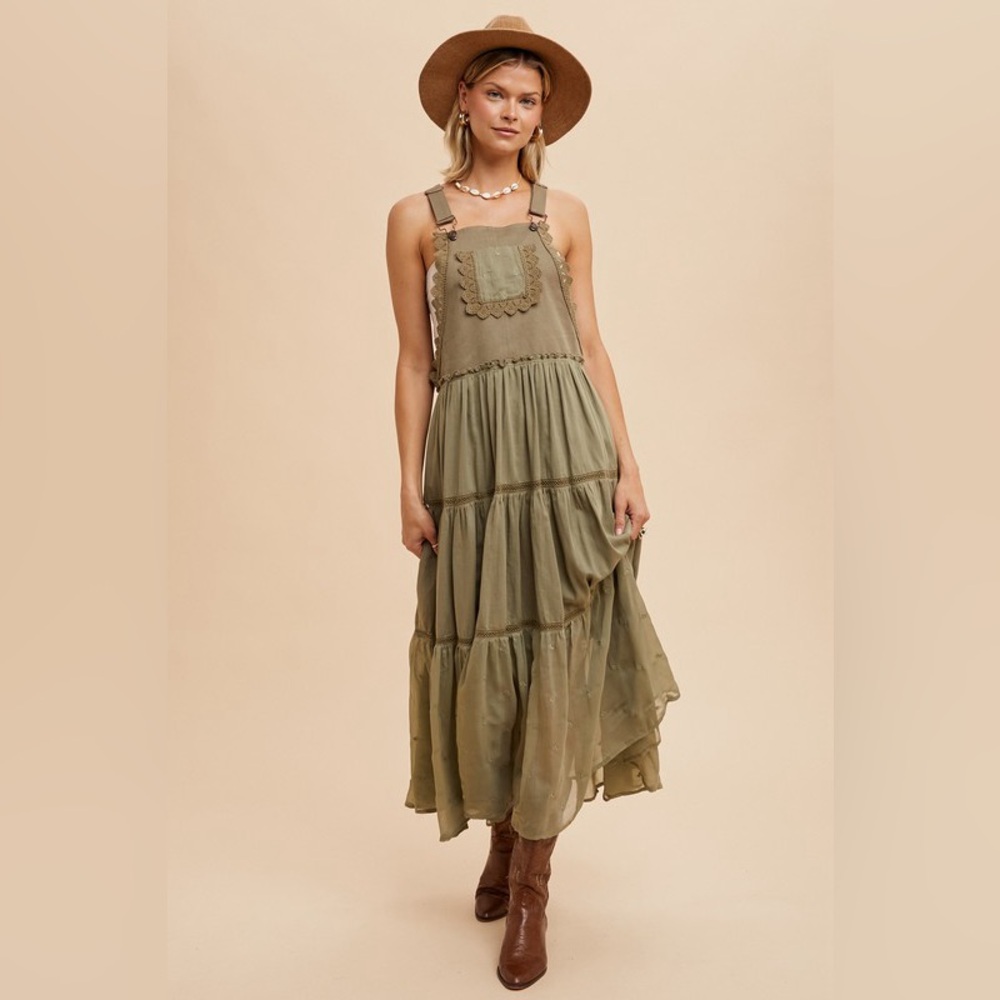 643. Olive green embroidered tiered skirtall lace maxi dress - Picture 2 of 5